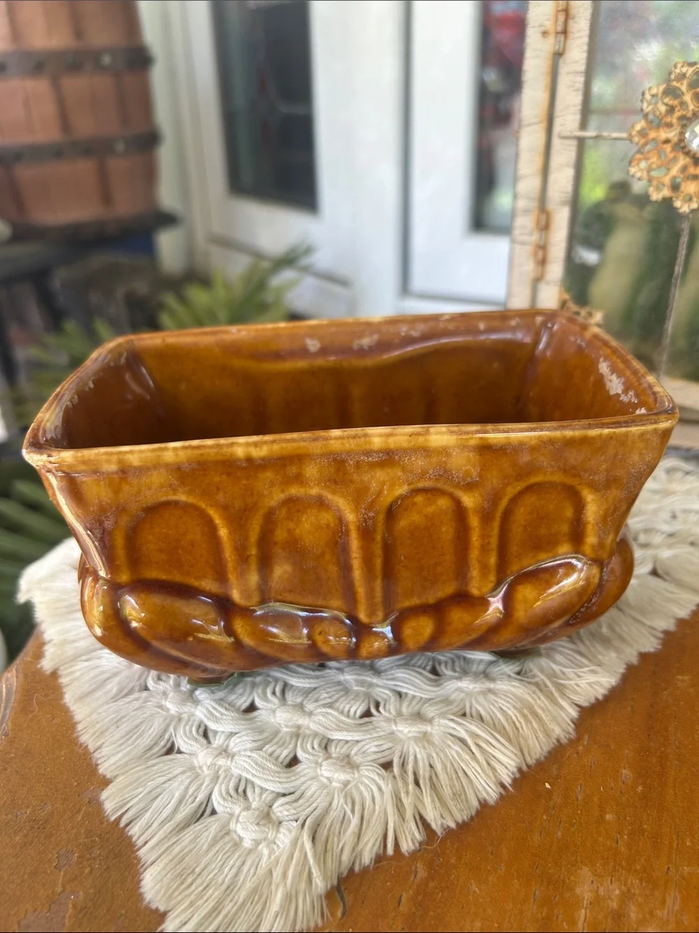 Vintage Amber Brown Drip Glazed Ceramic Planter